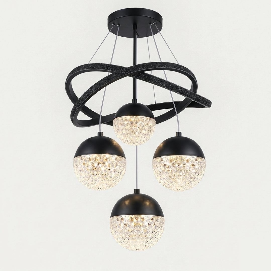 L'Orbe – Lustre Anneaux Entrelacés et Sphères de Cristal – finition noire