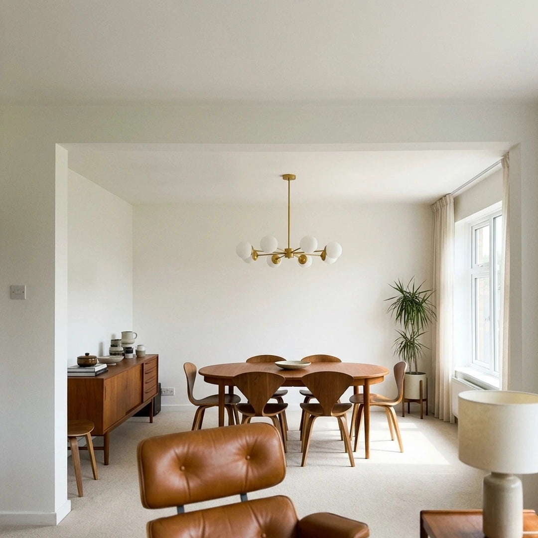 L'Atome – lustre doré à globes opalins au-dessus d'une table de salle à manger mid-century
