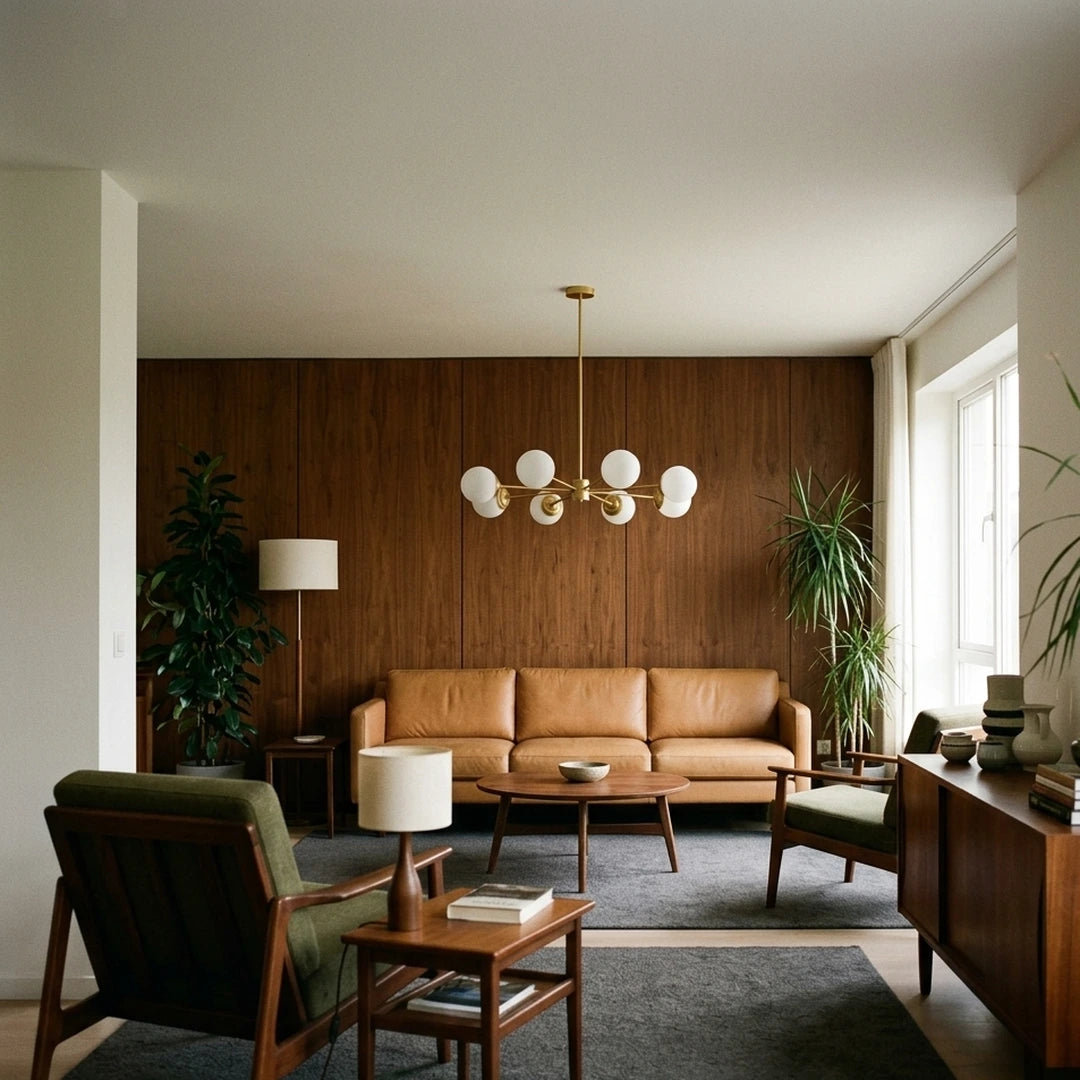 L'Atome – salon mid-century, canapé en cuir camel
