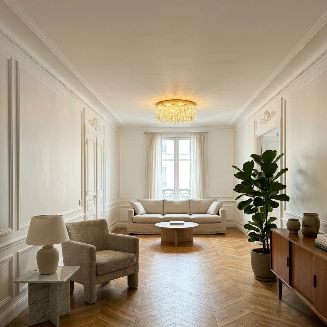 Le Soleil – salon parisien lumineux, parquet en chêne