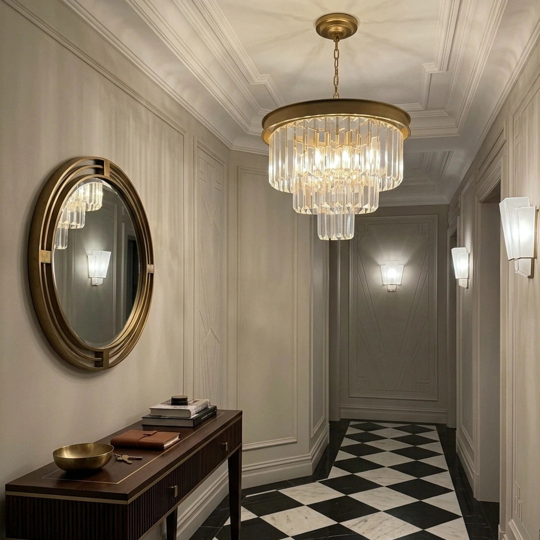 L'Odéon – couloir Art déco, sol en marbre noir et blanc