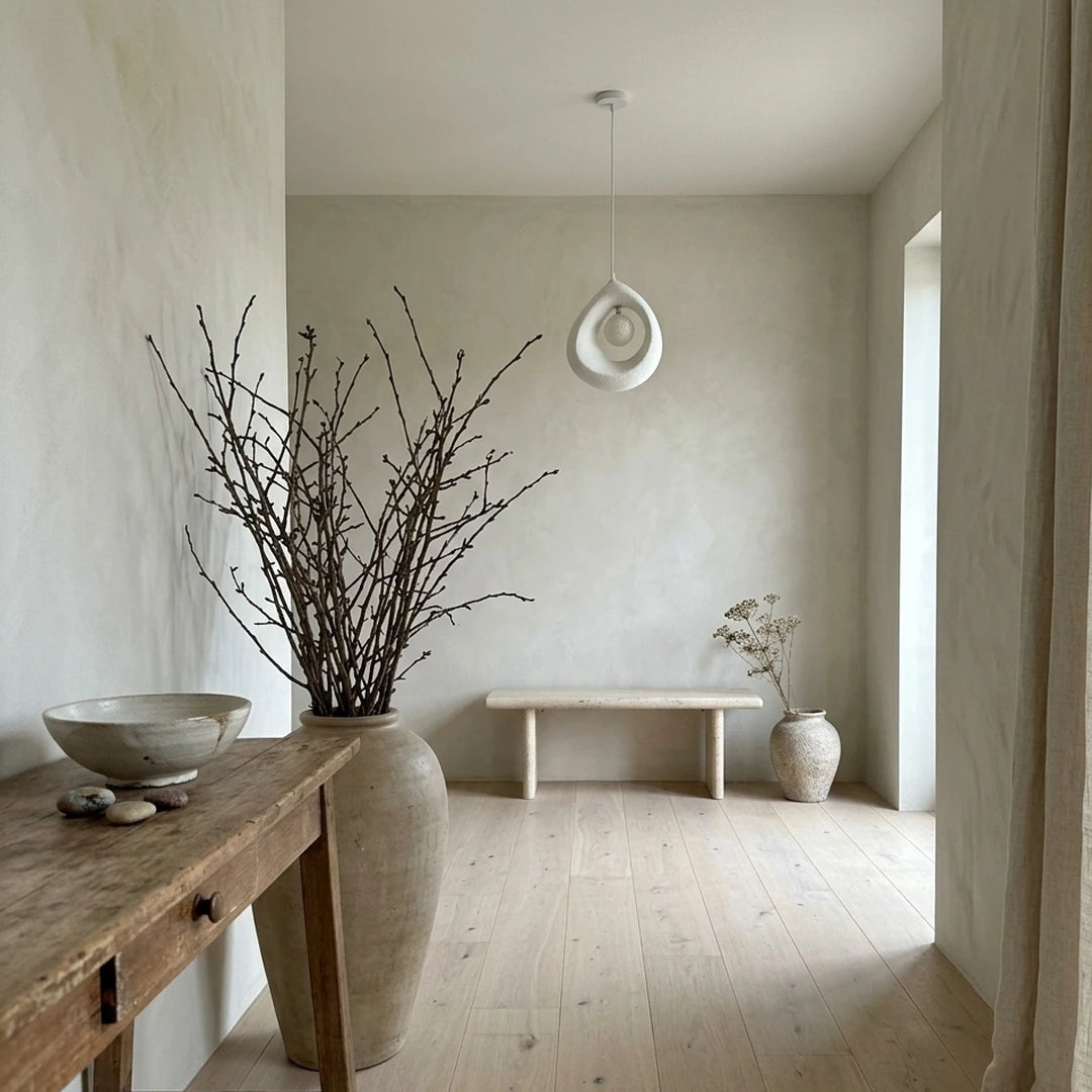 La Goutte – entrée wabi-sabi, banc en travertin